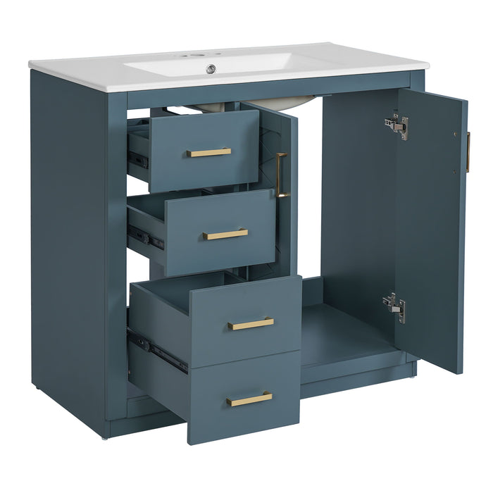Giga bathroom vanity with sink, storage cabinet, three drawers, and soft-close doors, freestanding set for modern bathroom.