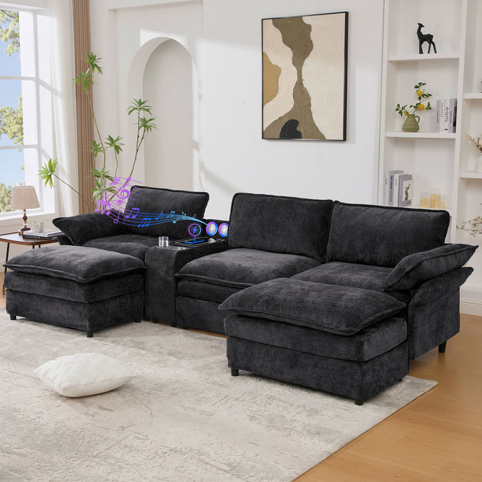 [NEW ARRIVED] [VIDEO PROVIDED]U Shaped Modular Sectional Sofa,Storage Console & Wireless Charging,2 Cup Holders,Bluetooth Speakers,2 Movable Footstools,Adjustable handrail,Movable seat,Chenille,Black