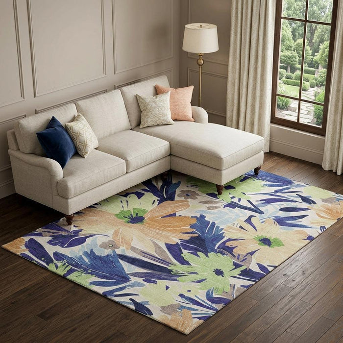 10' X 14' Floral Washable Area Rug With UV Protection (693966) - Navy Blue / Mint Green / Copper