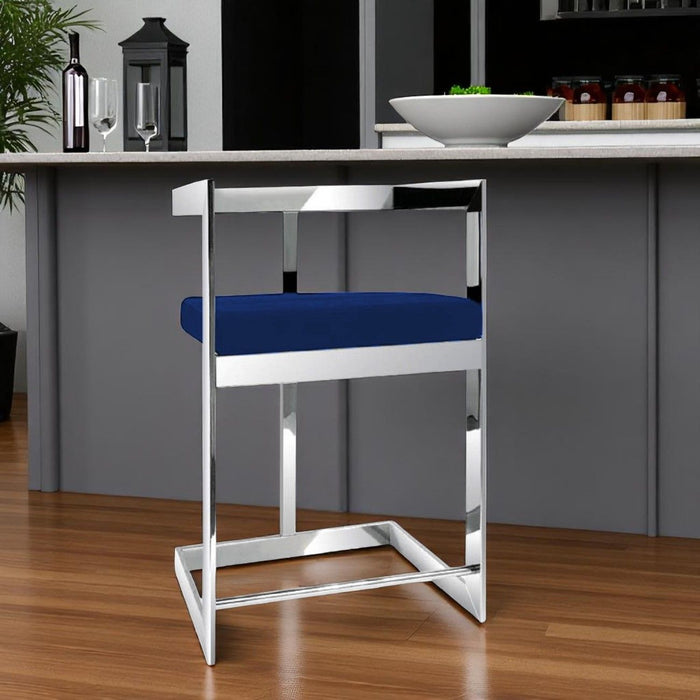 30" Metal And Velvet Low Back Bar Height Bar Chair - Blue / Silver