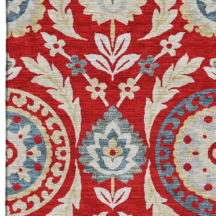 10' X 14' Floral Washable Area Rug With UV Protection - Red