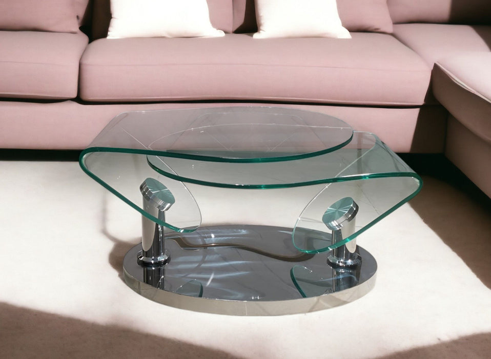 30" Glass And Metal Oval Abstract Coffee Table - Clear And Silver