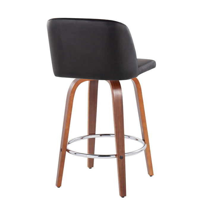 Tintori - Mid-Century Modern Fixed-Height Counter Stool (Set of 2) - Walnut Wood With Round Chrome Footrest And Black Faux Leather