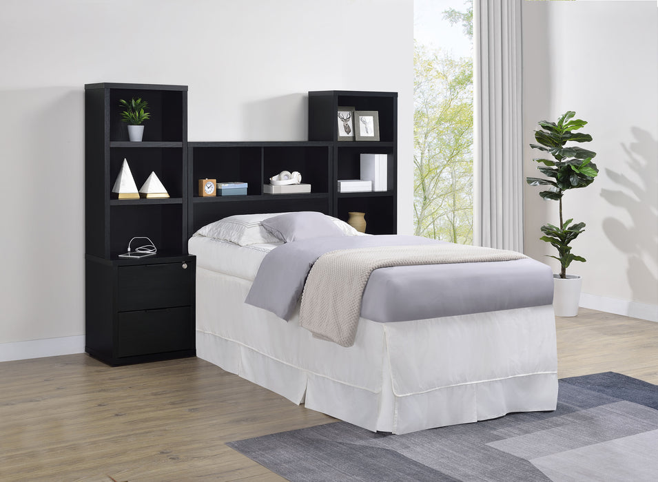 Black Westpark 49-inch twin bookcase headboard by CoasterEveryday, featuring storage shelves and a sleek, modern design.