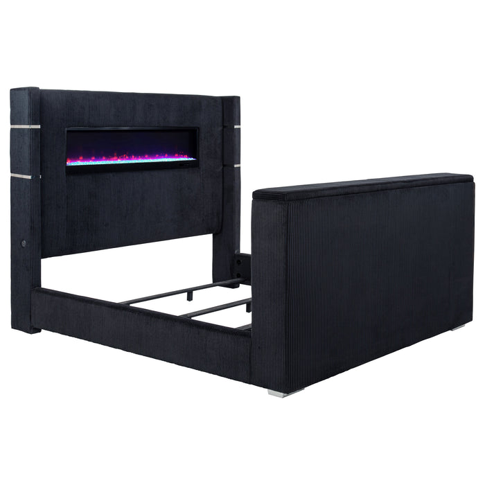 Black Tisdall Eastern King Flame Visualizer Wingback TV Bed from CoasterEveryday, showing the elegant upholstered bed with wingback design.