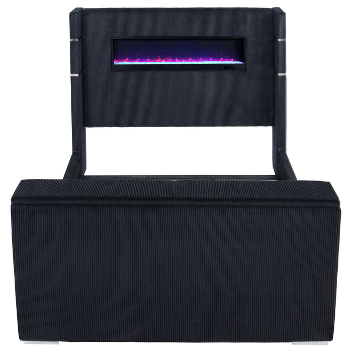 CoasterEveryday Tisdall Eastern King Flame Visualizer Wingback TV Bed in black, showcasing the elegant wingback design and plush upholstery.