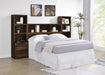 Dark pine Westpark 49-inch queen bookcase headboard by CoasterEveryday, featuring open shelving and a sturdy wood design.