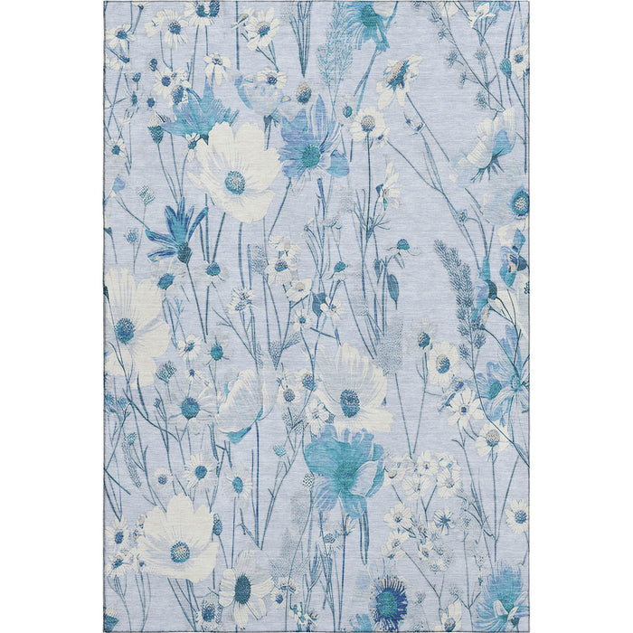 10' X 14' Floral Washable Area Rug With UV Protection (694080) - Sky Blue / Ivory
