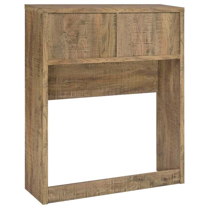 Westpark 49-inch twin bookcase headboard in mango finish, showcasing wood grain and built-in storage compartments.