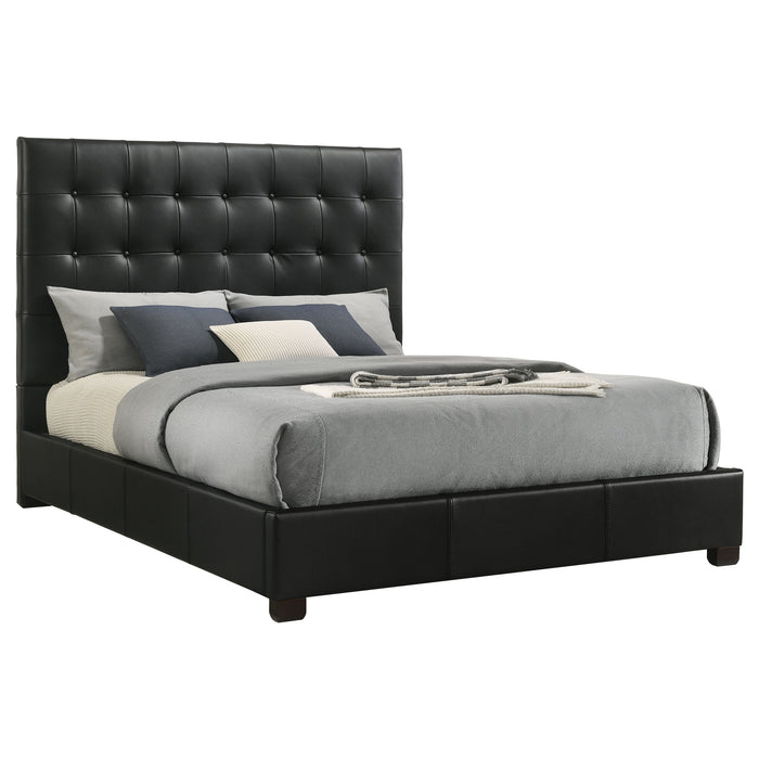 Black Medley Genuine Leather Queen Panel Platform Bed by CoasterEveryday with sleek, modern design and upholstered headboard.