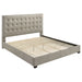 Medley Genuine Leather Eastern King Platform Bed in tan with a modern furniture design, featuring a sleek headboard and sturdy wooden frame.