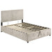 Beige Reeves upholstered full lift-top storage platform bed by CoasterEveryday showing the bed with a lifted top revealing storage space.