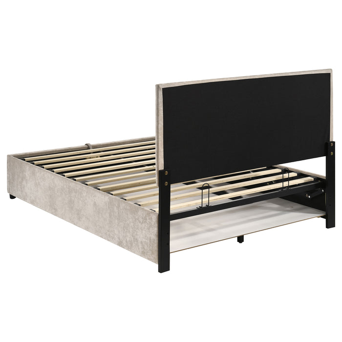 Beige Reeves upholstered full lift-top storage platform bed by CoasterEveryday, showing the bed with open lift-top storage in a bedroom setting.