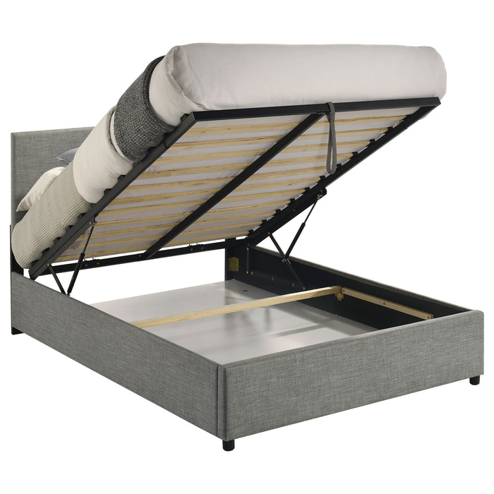 Grey upholstered full lift-top storage platform bed by CoasterEveryday with a sleek, modern design and sturdy wooden frame.