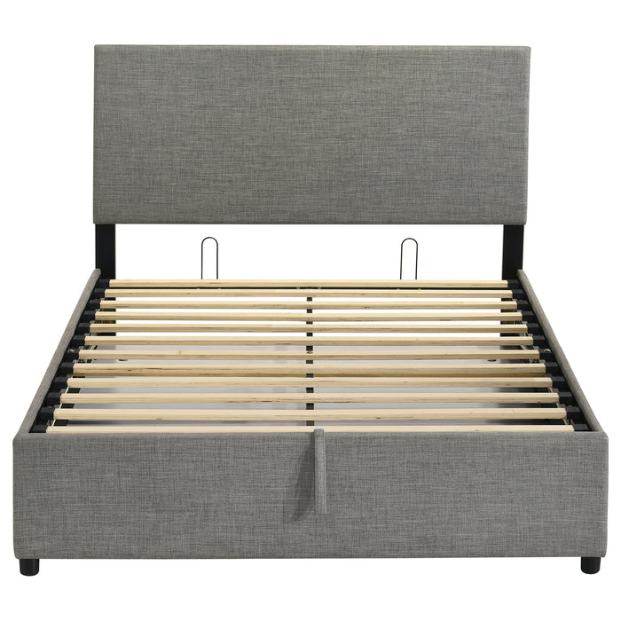 Grey Reeves upholstered full lift-top storage platform bed with tufted headboard and sleek furniture design.