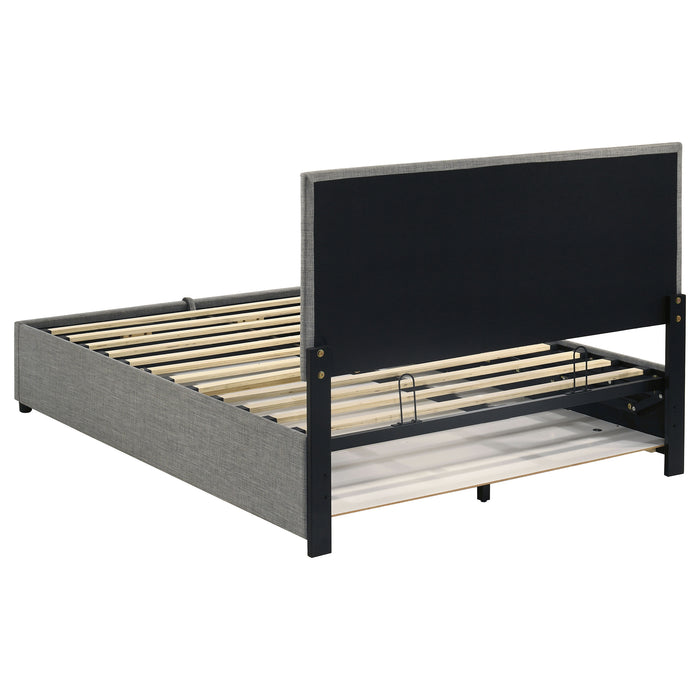 Grey Reeves upholstered full lift-top storage platform bed by CoasterEveryday, showcasing the plush headboard and storage features.
