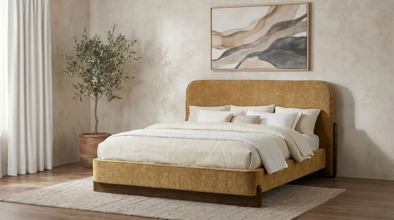 CoasterEveryday Baldacci California King platform bed with upholstered headboard in curry and walnut wood finish, modern bedroom furniture.