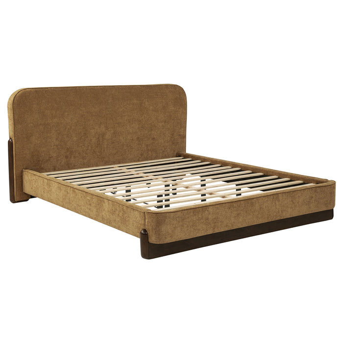 California King platform bed by CoasterEveryday with upholstered headboard in curry and walnut finish, modern furniture design.