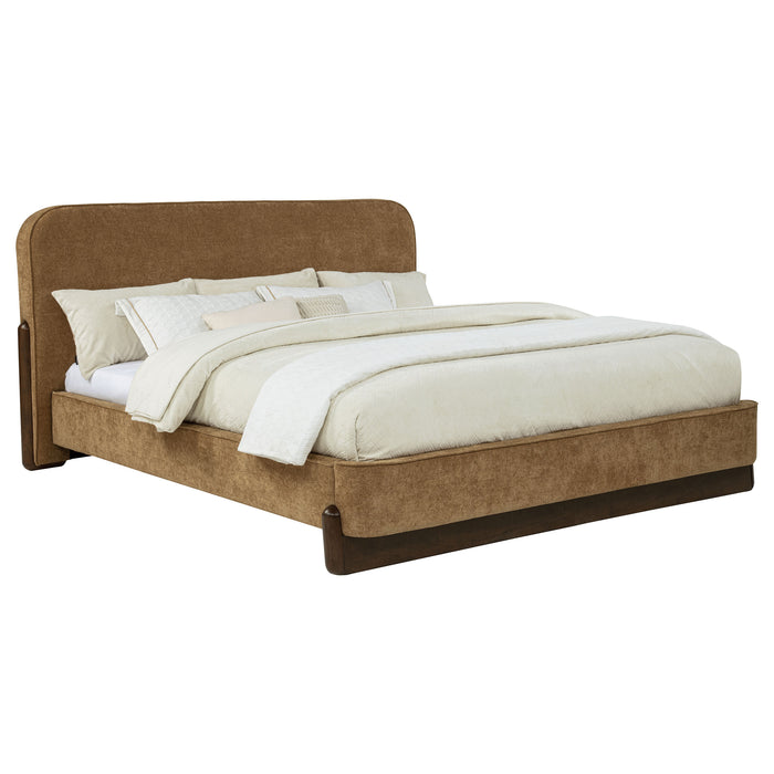 California King Platform Bed by Baldacci in curry and walnut upholstery, showcasing the upholstered headboard and sleek furniture design.