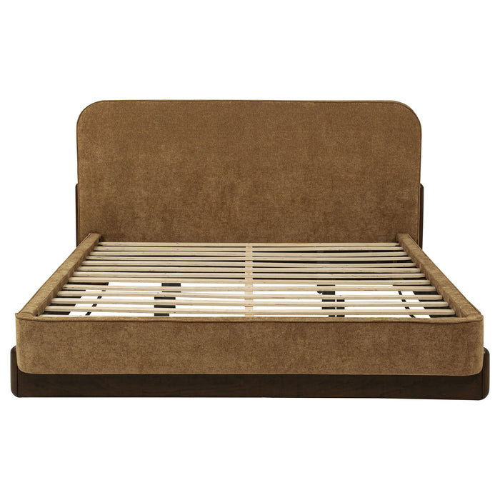 California King platform bed with upholstered headboard in curry and walnut finish, modern furniture from CoasterEveryday.