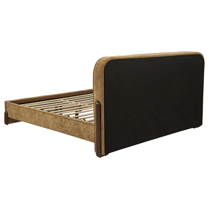 California king platform bed with upholstered headboard in curry and walnut finish, from CoasterEveryday furniture collection.