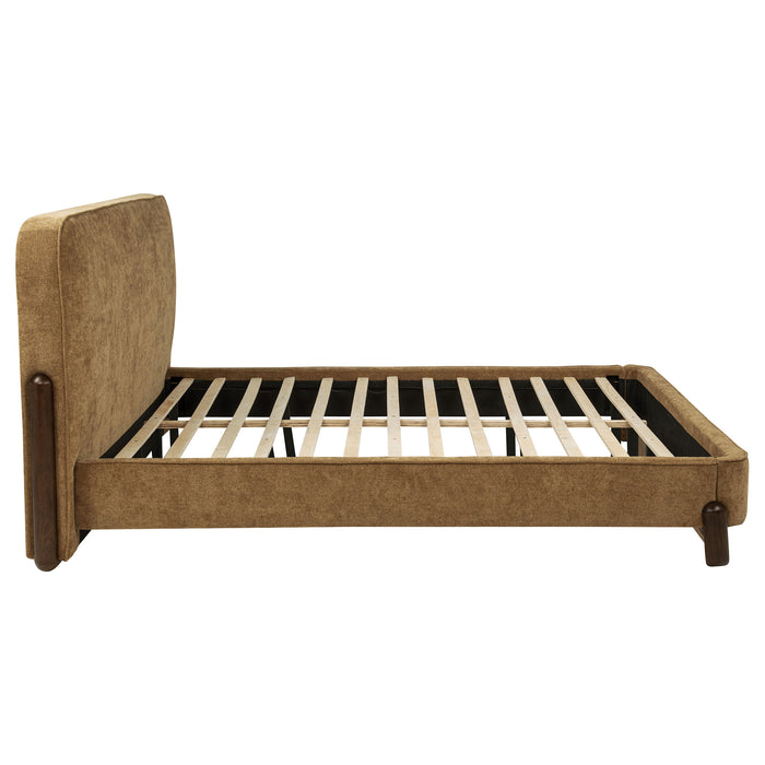 California King platform bed with upholstered headboard in curry and walnut finish, modern furniture by CoasterEveryday.