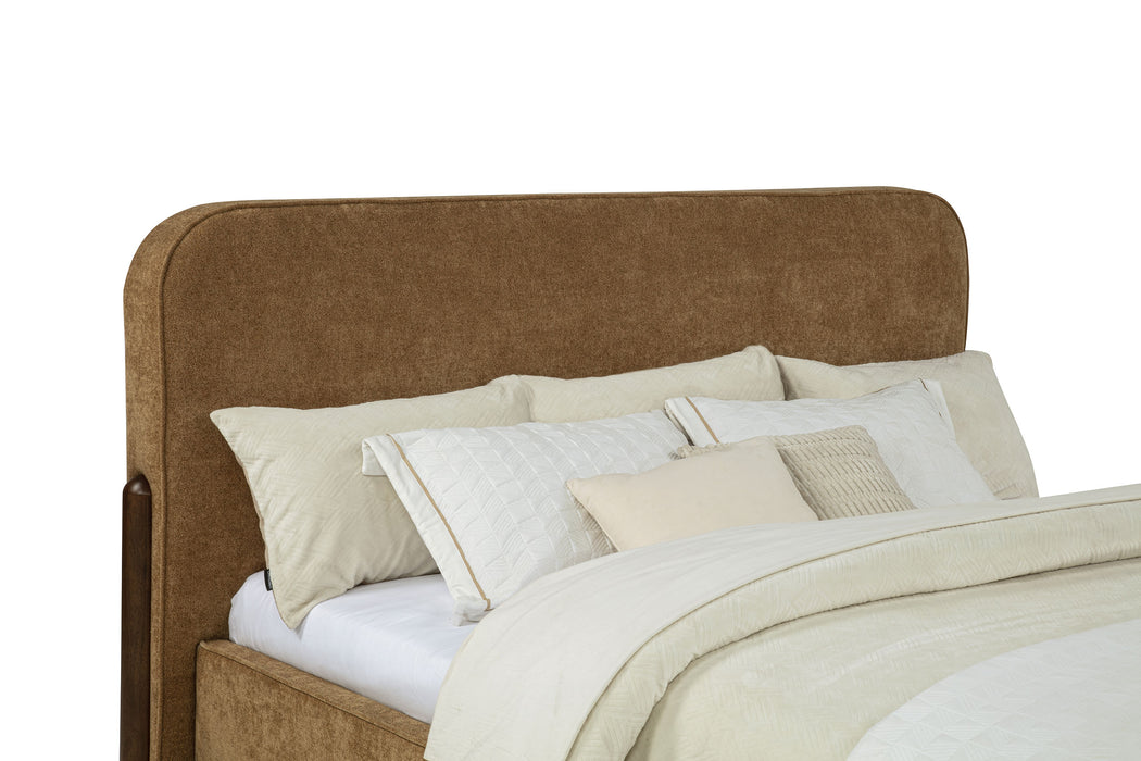 CoasterEveryday Baldacci California King platform bed with upholstered headboard in curry and walnut finish, showcasing modern furniture design.