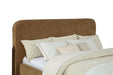 CoasterEveryday Baldacci California King platform bed with upholstered headboard in curry and walnut finish, showcasing modern furniture design.