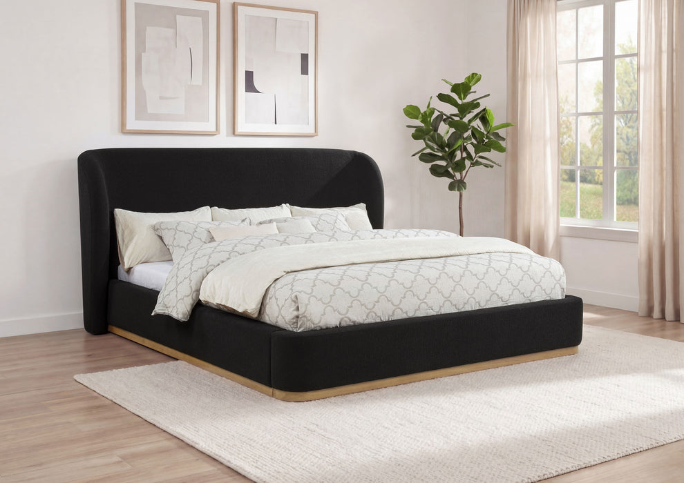 Black Blaire upholstered California King wingback platform bed with tufted headboard and sleek design, by CoasterEveryday.