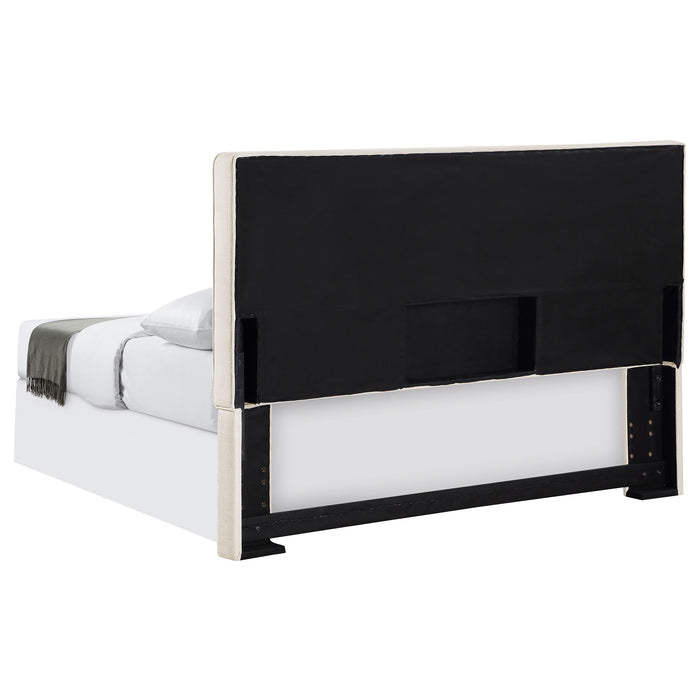 CoasterEveryday Kosmo upholstered queen or full panel headboard in sand fabric, showcasing soft cushioning and modern design.