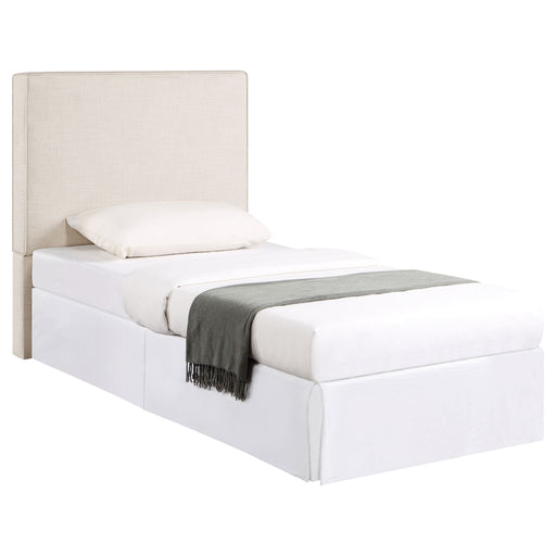 Sand-colored Cosmo upholstered twin panel headboard with cushioned fabric and simple design for bedroom furniture.