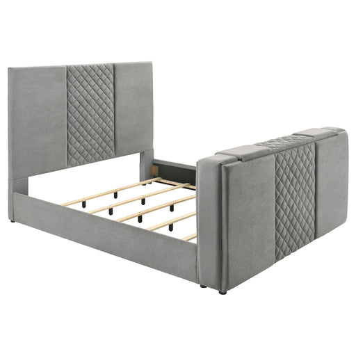 CoasterEveryday Tara 61-inch grey upholstered Eastern King panel TV bed with integrated footboard TV lift