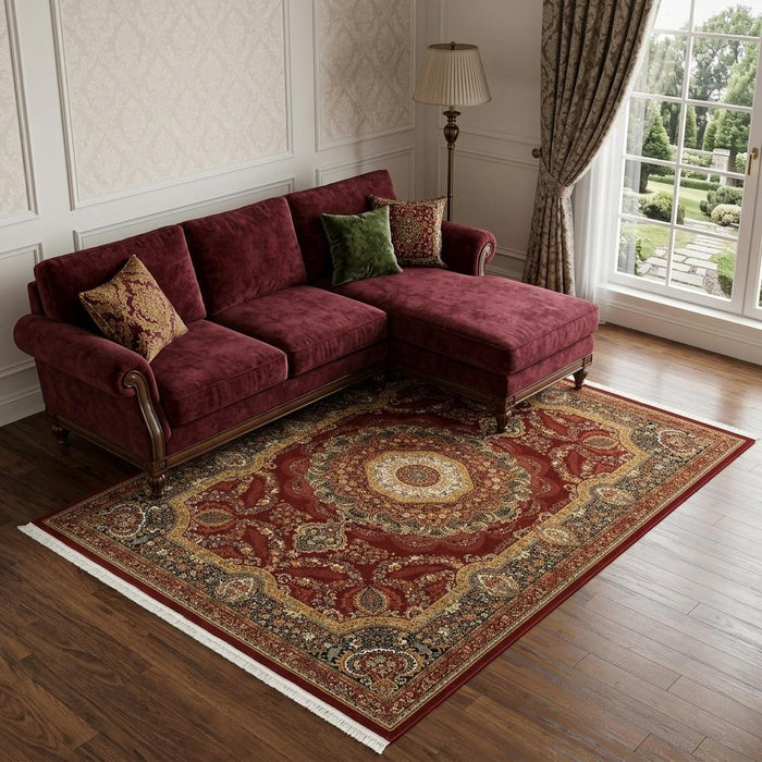 10' X 13' Medallion Area Rug With Fringe (574489) - Black / Red / Tan