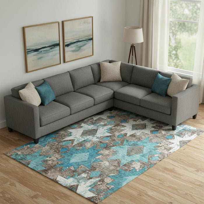 10' X 14' Southwestern Washable Area Rug With UV Protection (706661) - Teal / Taupe / Ivory