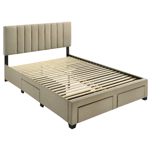 Wheatland light brown upholstered queen storage bed with four drawers by CoasterEveryday