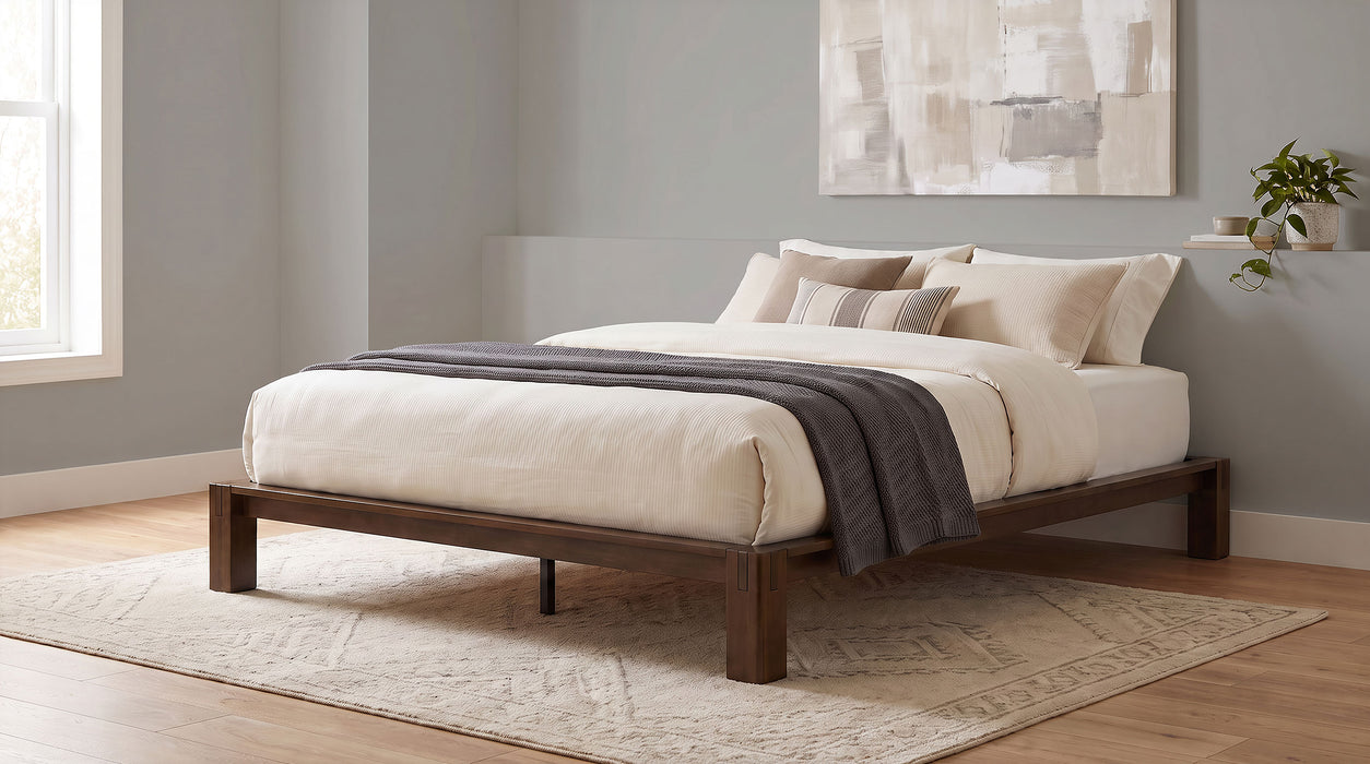 Walnut Gislen Queen Easy Assembly Wood Platform Bed from CoasterEveryday, showcasing a sleek, modern design with a sturdy wooden frame.
