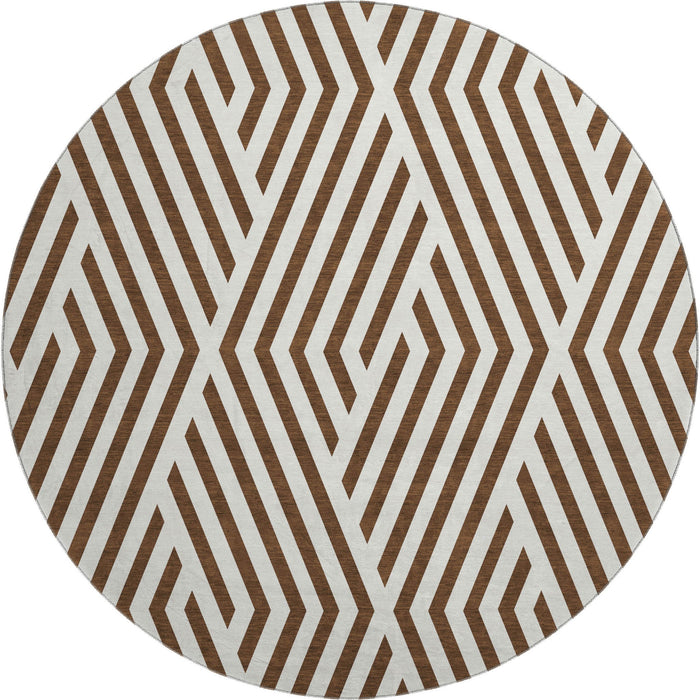 8' Geometric Washable Round Rug With UV Protection (648523) - Brown / Ivory