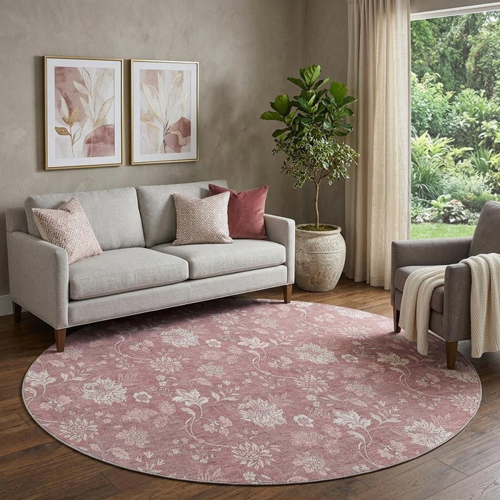 8' Floral Washable Round Rug With UV Protection (655971) - Blush / Ivory