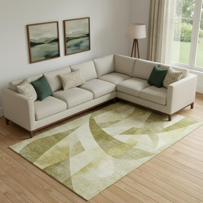 10' X 14' Abstract Geometric Washable Area Rug With UV Protection (705251) - Green / Beige / Ivory