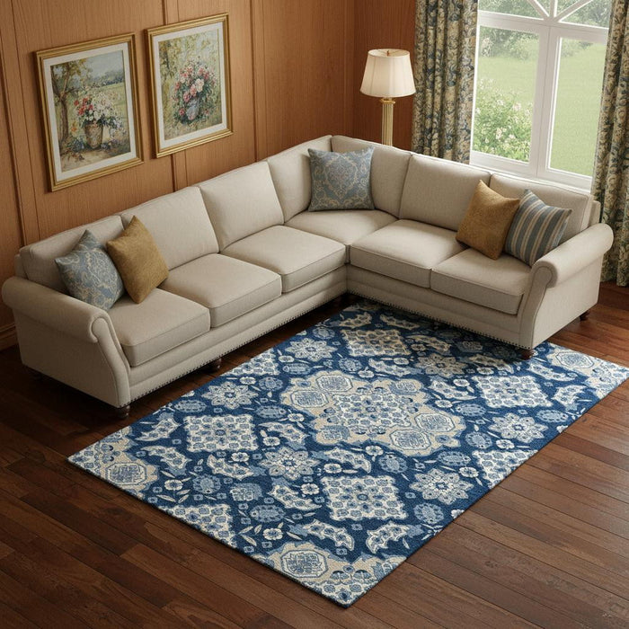 10' X 14' Floral Medallion Washable Area Rug With UV Protection (705857) - Navy Blue / Ivory