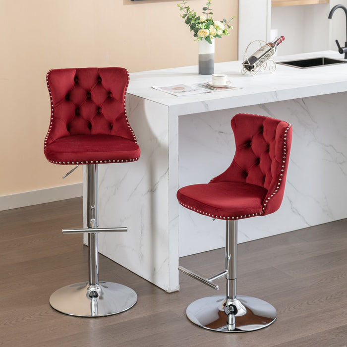 Set of two Giga modern upholstered swivel barstools with tufted backs, adjustable seat height, ideal for home, pub, or kitchen island.