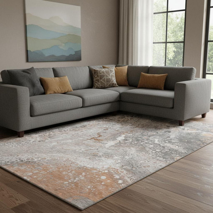 10' X 14' Abstract Washable Area Rug With UV Protection (650452) - Terra Cotta / Ivory / Gray