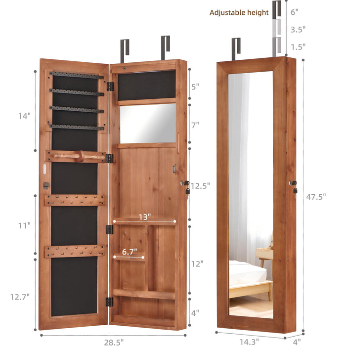 Giga jewelry armoire organizer with full-length mirror, wall-mounted lockable cabinet and built-in LED light, displaying jewelry storage.