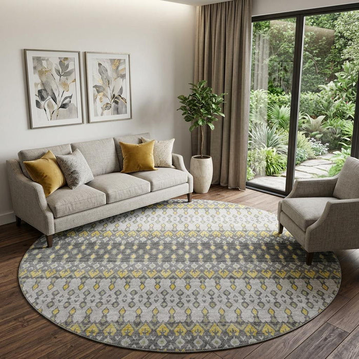 8' Tribal Distressed Washable Round Rug With UV Protection (643812) - Gray / Gold