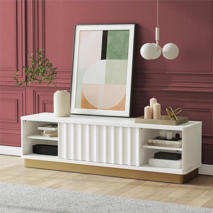 Giga Rene white scalloped TV stand for TVs up to 65 inches, featuring a modern design with curved edges and open shelving.