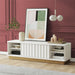 Giga Rene white scalloped TV stand for TVs up to 65 inches, featuring a modern design with curved edges and open shelving.