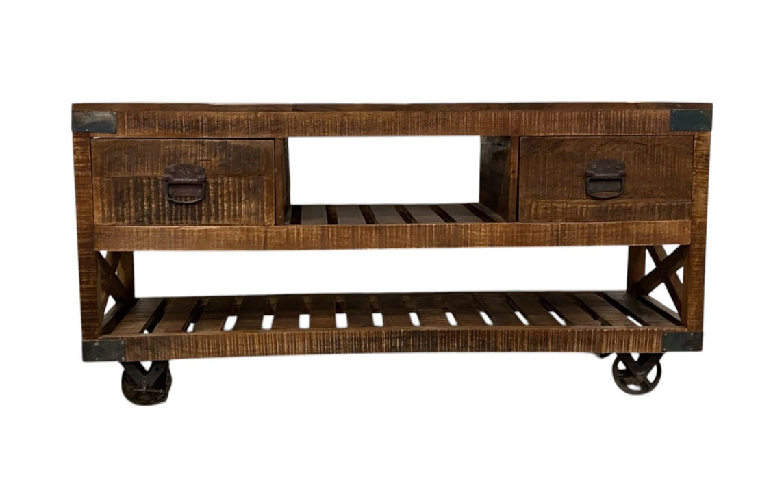Solid Wood Distressed Wheel Console Table With Shelves And Drawers - Brown And Black