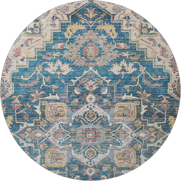 8' Floral Medallion Washable Round Rug With UV Protection - Blue