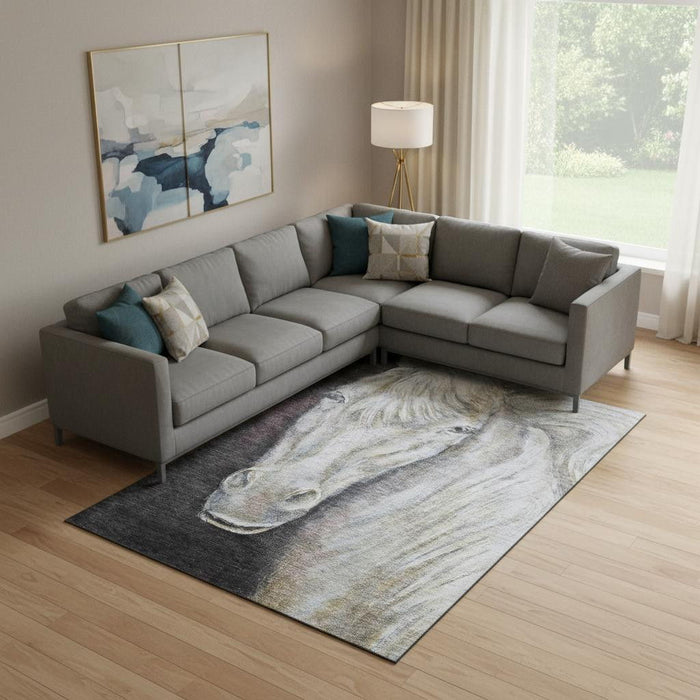 10' X 14' Animal Print Washable Area Rug With UV Protection (717236) - Ivory / Charcoal