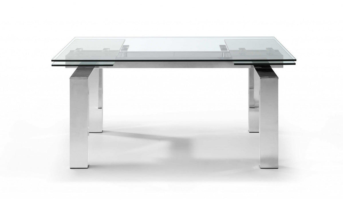 63" Glass And Stainless Steel Self-Storing Leaf Dining Table - Clear